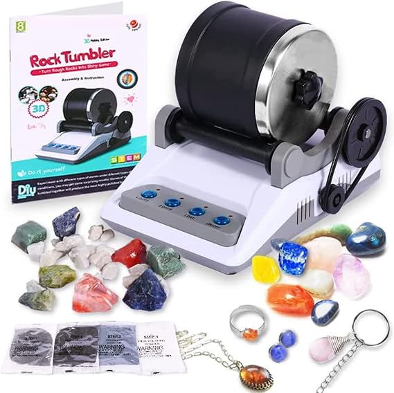 Rock Tumbler Kit - Turn Rough Rocks into Beautiful Gems with 7-Day Timer, Includes 2 Belts, Bag of Rough Stones, 4 Stages of Grits: Coarse, Fine, Polishing, Final Polishing