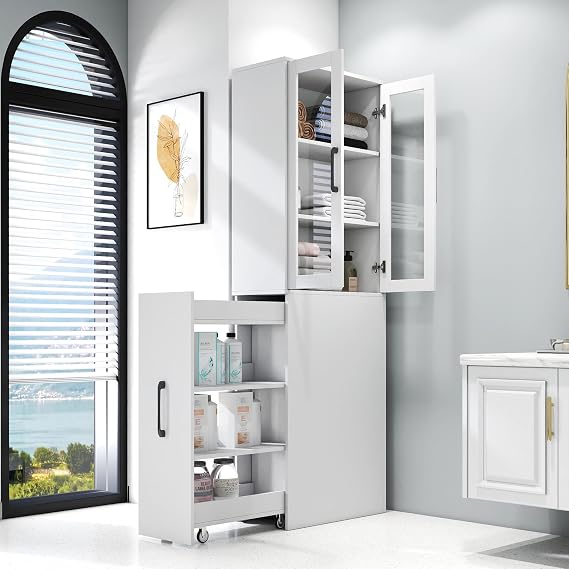 Tall Bathroom Storage Cabinet, Narrow Storage Cabinet with 2 Glass Doors and Drawer, Wooden Kitchen Pantry Cabinet, Floor Cabinet for Bathroom, Living Room, Entryway, Kitchen (White)