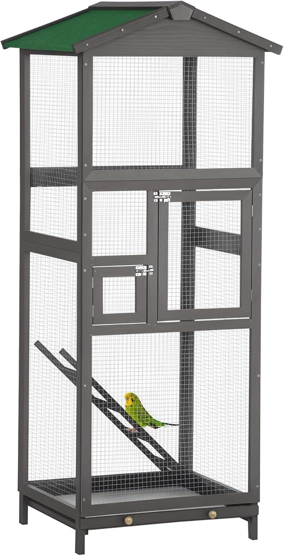 PawHut 65" Wooden Bird Cage Outdoor Aviary House for Parrot, Parakeet, with Pull Out Tray and 2 Doors, Grey | for Parrot, Parakeet, with Pull Out Tray, 2 Doors