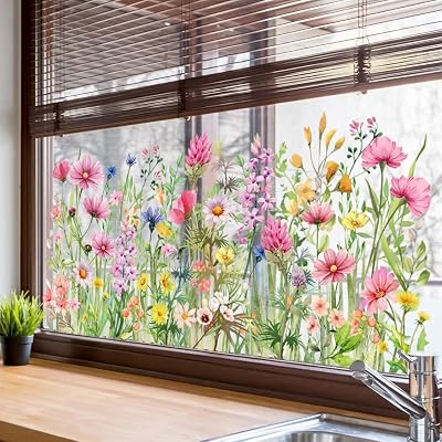 Colorful Flower Window Clings Summer Wildflower Window Stickers Double-Sided Spring Garden Floral Bouquet Window Cling Dragonfly Grass Glass Decals for Bird Windows Strike Prevention Pink