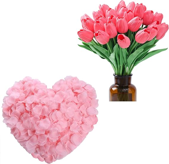 SITUMEIZI 1500Pcs Pink Rose Petals & 15Pcs Fluorescent Pink Fake Tulips