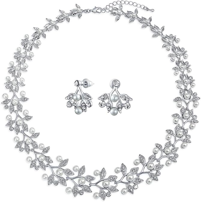 Bling Jewelry Bridal Large Fashion Vintage Style Leaves Leaf Motif Simulated White Pearl Cubic Zirconia Pave CZ Leaf Bib Statement Necklace Jewelry Set For Women Weddings