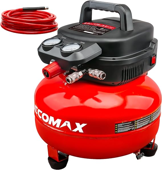 ECOMAX 6 Gal Pancake Air Compressor 175PSI, 3 CFM @ 90 PSI w/25 FT Air Hose