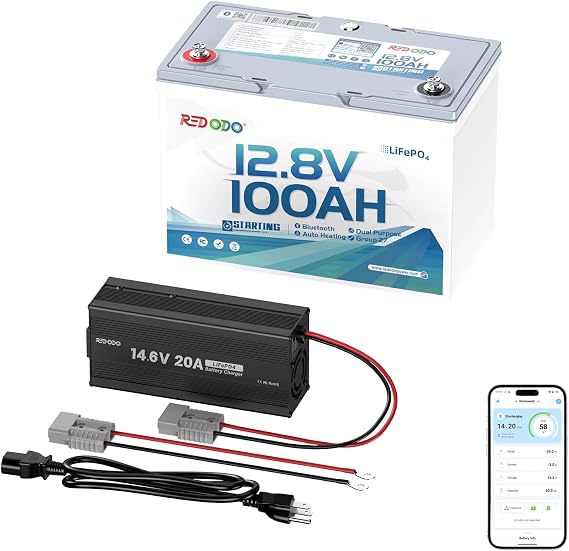 Redodo 12V 100Ah Group 27 Lithium Battery with 12V 20A Charger | Dual Purpose, Bluetooth 900CCA Marine Batteries, Heating & Smart Power Retention, Ideal for Marine, Boats
