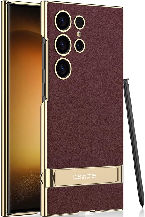 Hulveze Samsung Galaxy S24 Ultra Vegan Leather Case with 4 Modes Adjustable Kickstand Thin Flexible Soft Grip Luxury Vegan Slim Protection Shockproof Cell Phone For Samsung Galaxy S24 Ultra Red