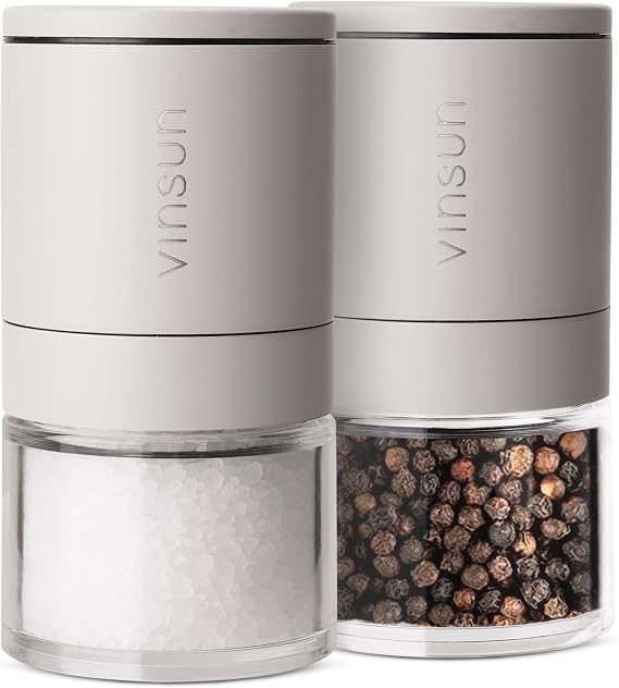 Vinsun Salt and Pepper Grinder Set of 2 - Adjustable Ceramic Grinder, Manual - Small Salt and Pepper Shakers with Lid - Stainless Steel Spice Mills