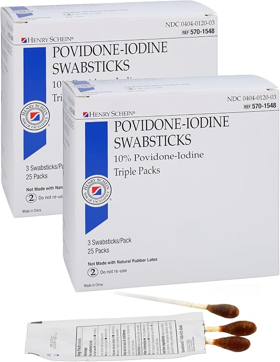 Henry Schein 10% Povidone Iodine Swabstick 3's, Sterile Antiseptic, 50 Ct