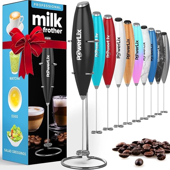 PowerLix Milk Frother Handheld Battery Operated Electric Whisk Beater Foam Maker Frother Wand For Coffee, Latte, Cappuccino, Hot Chocolate, Mini Drink Mixer (With Stand)(A Black)