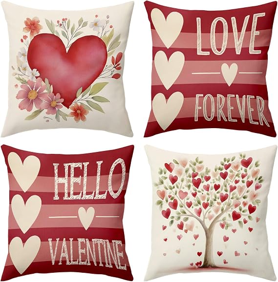 BBOLDIN Valentines Day Throw Pillow Covers 18x18 Couch Cushion Covers, Flower Heart Decorations for Home Sofa Outside, Farmhouse Square Love Tree Pillow Cases Decor Set of 4