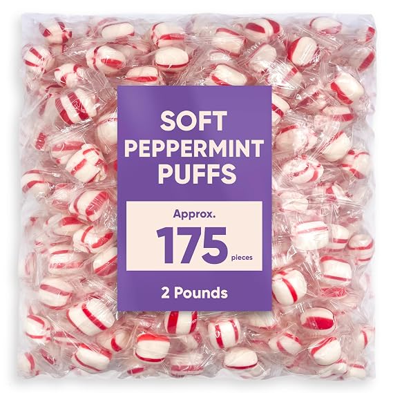 Soft Peppermint Candy Puff Christmas Mints - 2 Pounds Approx 175 Pieces - Mints Individually Wrapped Christmas Candy