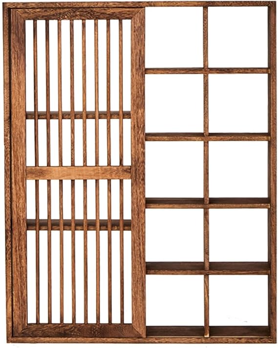 Solid Wood Shadow Box Display Shelf, Chinese Tea Cup Holder With Sliding Doors, Wall Decoration Teaware Storage Rack For Living Room Kitchen Office Tea Room