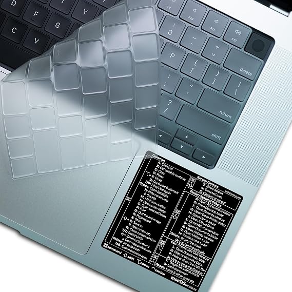 Ultra-Thin Keyboard Cover (US ANSI) + Mac OS Shortcuts Sticker for M2 M3 MacBook Air 13" & 15" and M1M4 MacBook Pro 14" & 16" Clear Cover & Solid Black Sticker