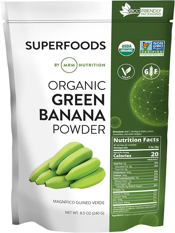 MRM Organic Green Banana Powder Superfood - Prebiotic Fiber - 40 Servings | Superfood Powder, Digestive Resistant Starch, Flour Alternative for Baking, Cooking and Shakes, GlutenFree, Vegan
