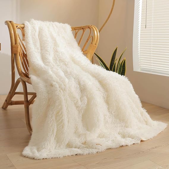 XeGe Luxury Fluffy Faux Fur Throw Blanket for Bed Sofa, Beige, 50"x60"