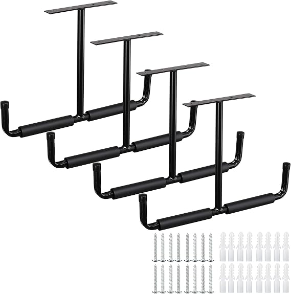 Overhead Garage Storage Hooks Rack Ceiling Mounted, Heavy Duty Utility Hooks Ladder Hangers for Pipe, Lumber, Fishing Rod and Ski Board | 4 Pack Black