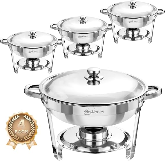 Newkitchen Chafing Dishes for Buffet 4 Pack, 5QT Round Elegant Silver