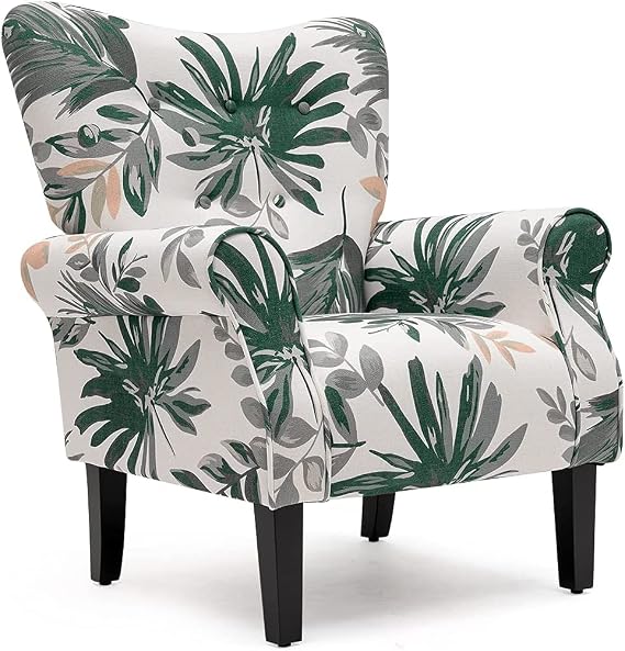 MELLCOM Mid Century Wingback Arm Chair,Modern Upholstered Fabric High Back Accent Chair with Wood Legs,Upholstered Single Sofa Club Chair for Living Room, Bedroom, Home Office, Green Leaves