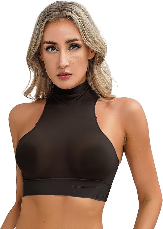 Women Sheer Mesh Turtle Neck Sleeveless Crop Top Vest Bustier Cami Shirts Undershirt Clubwear