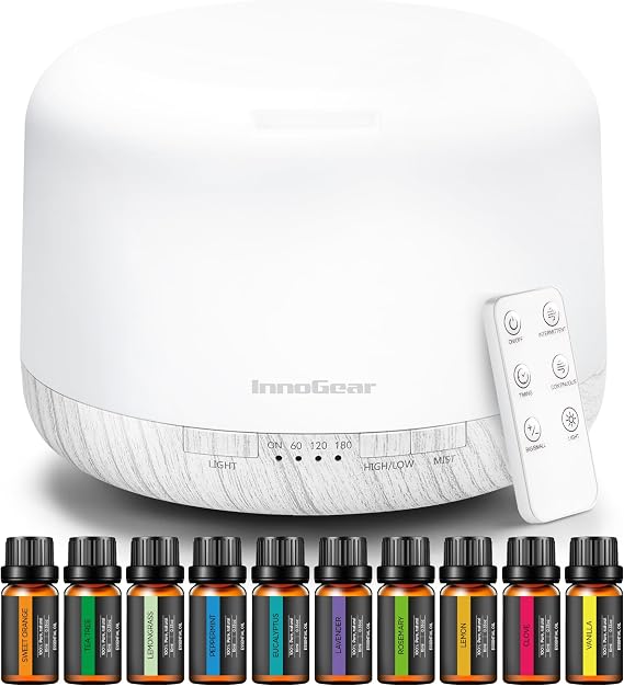 InnoGear 500ml Aromatherapy Diffuser for Home 10 Essential Oil Set, White