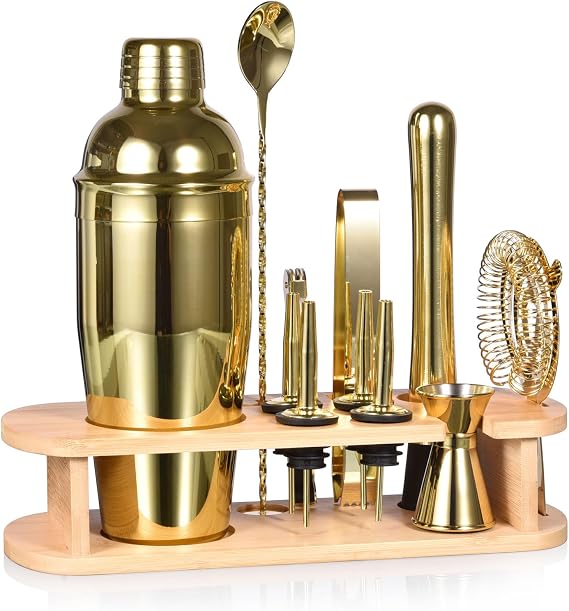 Cocktail Shaker Set,750ML Stainless Steel Bartender Kit Professional Martini Mixing Bartending Kit Combination, Home Stylish Bar Tool Set with Cocktail Recipes Booklet (Gold)