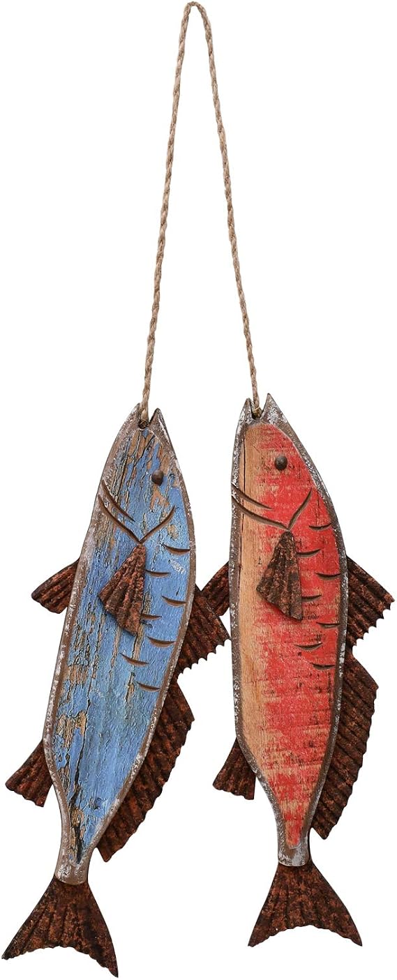 Wooden Fish Hanging Wood Decor for Wall, Rustic Nautical Beach Theme Home Decoration Sculpture Home Decor for Bathroom Bedroom Lake House Decoration | Sculpture Rustic for Bathroom Bedroom Lake House Decoration