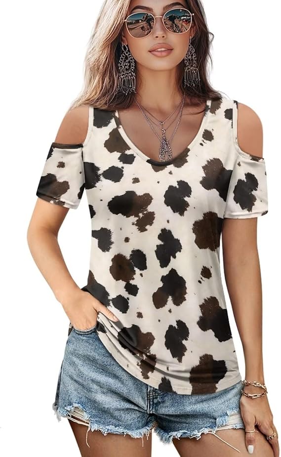 Summer Cold Shoulder Tops for Women Short Sleeve Shirts Ladies Casual OfftheShoulder Blouse Going Out Outfits