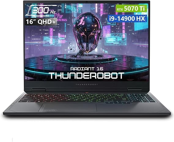 Thunderobot Radiant 16 Gaming Laptop, 16" QHD+ 300Hz 2.5K Display, Core i9-14900HX, GeForce RTX 5070 Ti, 8GB DDR5 RAM, 128GB SSD, RGB Backlit Keyboard, Wi-Fi 6, Win 11 Home (16GB RAM | 512GB SSD)