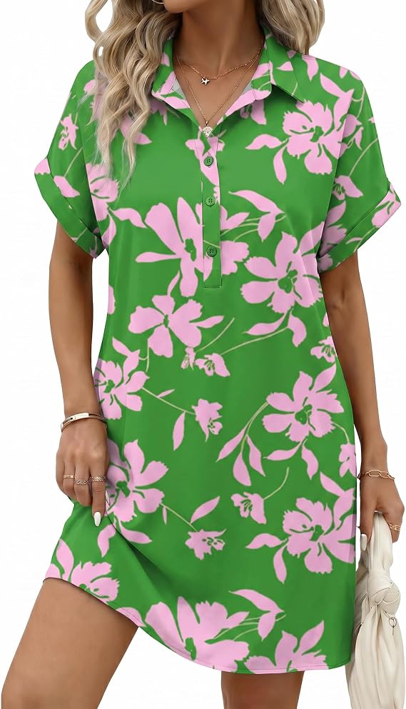 HOTOUCH Womens Summer Shirt Dress 2026 Short Sleeve Floral Shift Dress Casual Loose Flowy Beach Sundress with Pockets
