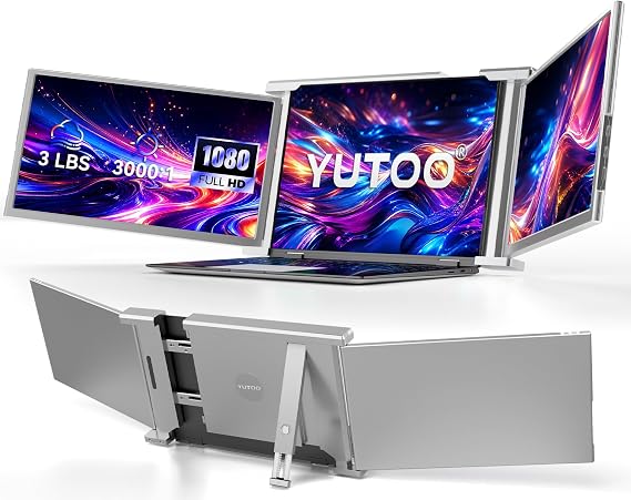 Laptop Screen Extender, 14" Portable Triple Monitor for Laptops 315 Rotate| Plug and Play| 1080P| FHD, Laptop Monitor Extender for 13.5~16.5" Laptops, HDMI/USB-A/Type-C,for Mac/Wins/Android/Dex
