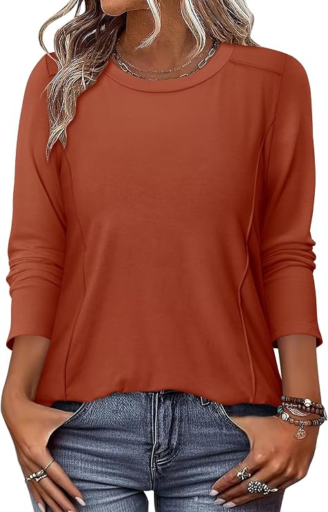 KISSMODA Women Long Sleeve Tops Dressy Casual Crew Neck Tshirts Basics Tee Work Blouses Fall Fashion Tops