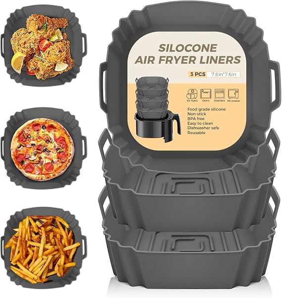 3Pcs Silicone Air Fryer Liners 3-7L, Reusable Air Fryer Accessories Food Grade Silicone Greaseproof Airfryer Baking Tray Basket Rack Kitchen Gadgets Essentials Compatible with Ninja, Tower, COSORI