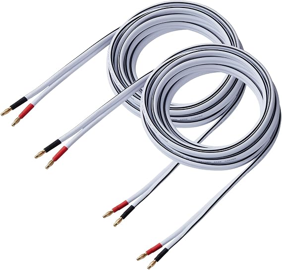 14 AWG HD Premium Soft Touch HiFi Speaker Cable with Banana Plugs (2 Pack, 6 Feet) 14 Gauge Banana Wire for Bi-Wire Bi-Amp HiFi Surround Sound Oxygen-Free Copper - White