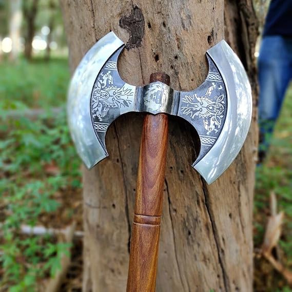 Double Headed Viking Axe, Carbon Steel Blade Double Sided Axe, Rosewood Handle, Medieval Warrior Double Headed Battle Axe with Leather Sheath