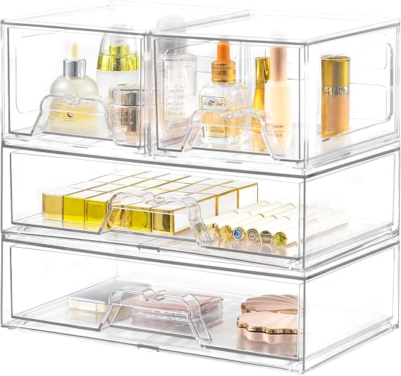 Stebopum 4 Pack Stackable Plastic Storage Drawers,Acrylic Makeup Organiser | Clear Drawer Organiser,Ideal for Bathroom Storage Box,Vanity,Cupboard Organiser,Cabinet,Pantry Organiser
