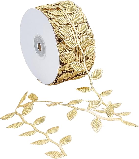 20 Yards Gold Leaf Ribbon, Artificial Golden Leaf Trim Metaillic Embroidery Vine Trims, Decorative Ribbons for Sewing Cake Fringe Wedding Bridal Dress