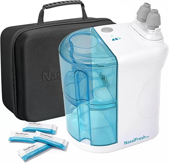 NASALFRESH MD Premium BundleDual Powered Nasal Irrigation System | Nasal Rinse & Wash, Sinus Decongestant Relief, 60 Saline Packets, Case, Rechargeable, 2 Sets of Nose Pillows,