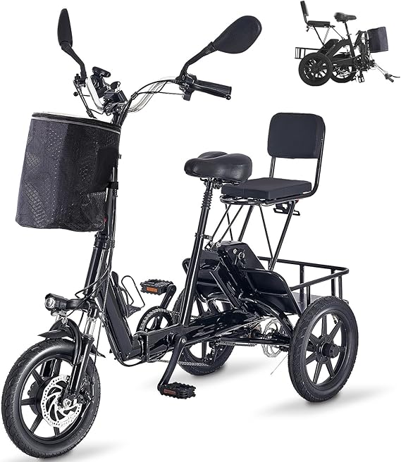 Electric Trike Bike, Peak 500W Brushless Motor Folding Trike Ebike, 480Wh Removable Battery, Step-Thru 3 Wheel Electric Bicycle, 2 Seats, Up to 45 Miles, Tricycle for Adults, Gift for Parents