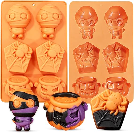 2PCS Halloween Soap Molds Mummy, Web, Pumpkin, Cauldron Resin Molds