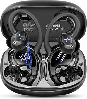 Wireless Earbuds, 50H Bluetooth Ear Buds with Noise Cancelling Mic, Stereo Deep Bass with Earhooks Fast Charging Digital Display IP7 Waterproof Earphones for Running