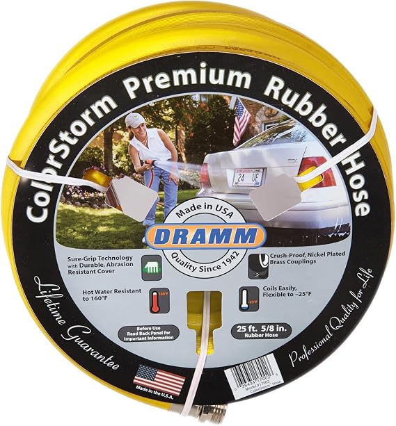 Dramm ColorStorm Premium Rubber Garden Hose 50 ft Heavy Duty 5/8" Water Hose Kink Resistant, Crush-Proof Nickel-Plated Couplings Made in USA - Yellow
