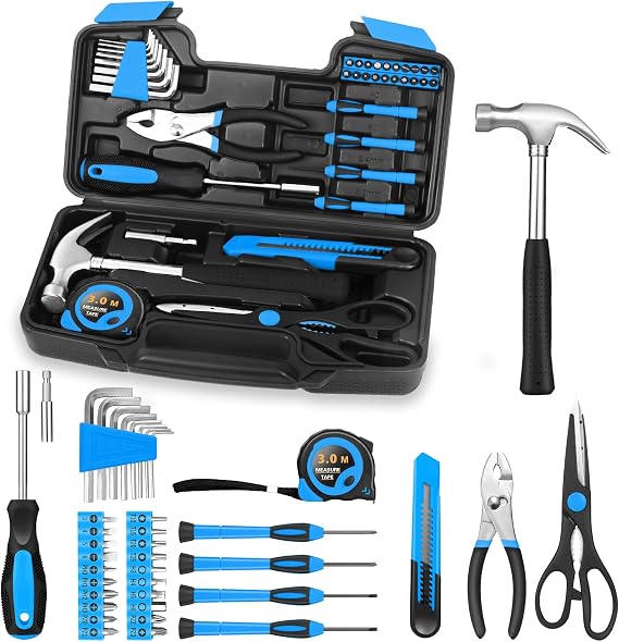 39 Pieces Basic Home Tool Set Household Tool Set General Repair Small Hand Tool Kit Tool Box Storage Case for Home Garage, Office, College Dorm, Blue