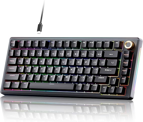 TMKB T81E Mechanical Gaming Keyboard, 75% Gasket Mount Wired Keyboard with Knob & 5-Layer Sound Dampening, Hot-Swappable, RGB Backlit, 82 Keys for Windows/Mac/Linux - Black