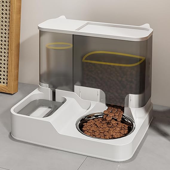 Cat Feeder, Automatic Cat Food and Water Dispenser Automatic Feeder, All-in-One Gravity Feeder for Small Dogs, Puppies, Cats, Pets (Grey)