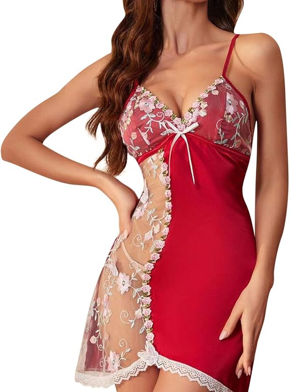 Women's Mesh Embroidery Babydoll Lingerie Dress Sexy V-Neck Satin Nightgowns Slips Nightdress Erotic Boudoir Pajamas