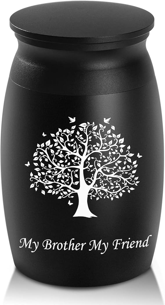Urns for Brother Ashes, 2.8 High Small Funeral Cremation Urns, Handcrafted Black Memorial Keepsake Urn, Engraved My Brother My Friend & Tree of Life Decorative Urn for Sharing