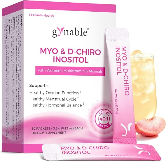 Gynable Myo-Inositol & D-Chiro Inositol Supplement for Women 40:1 Powder | Fertility, Hormonal Balance, Ovarian Health & Cycle Support Peach Drink Mix Packets 20 Sticks