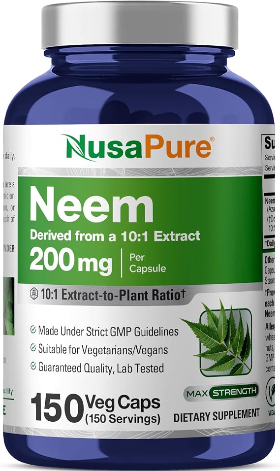 NusaPure Neem Leaf Root Capsules, 200 mg, 150 Veg Capsules (Non-GMO, Vegan)