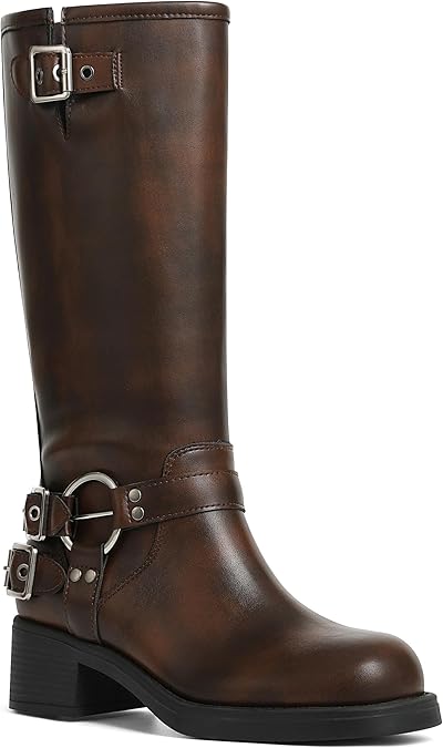 AMINUGAL Knee High Boots Women Square Toe Pull On Wide Calf Riding Fashion Buckles Chunky Metallic Casual Vintage Buckle Rivet