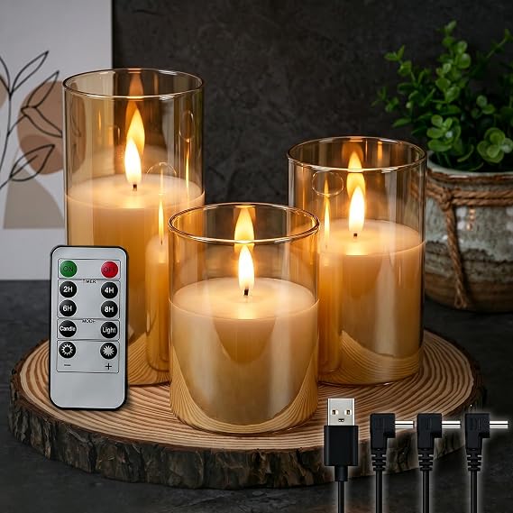 GenSwin Rechargeable LED Flameless Flickering Glass Candles with Remote Timer, Battery Operated Pillar Candles Long Lasting Gold Real Wax USB Candle (D 3H 456)