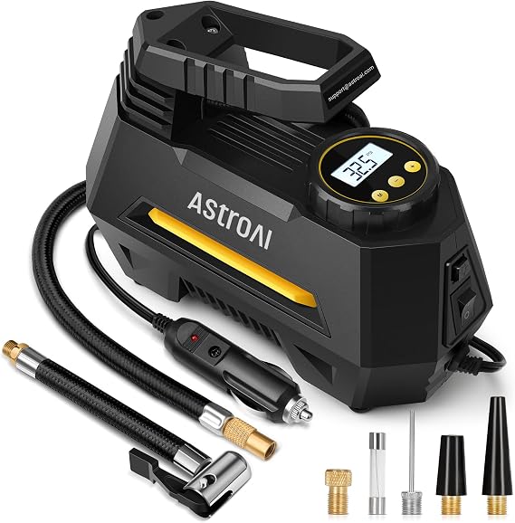 AstroAI AIRUN H Tire Inflator Portable Air Compressor Air Pump for Car Tires-Car Accessories, 9.8Ft Cord-12V DC-Powered Auto Fast Pump with Digital Pressure Gauge, LED Light for Bicycle, Yellow